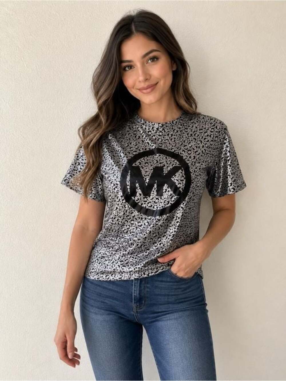 NWT Michael Michael Kors Women's Foil Logo T-Shirt Gray PS Small Organic Cotton